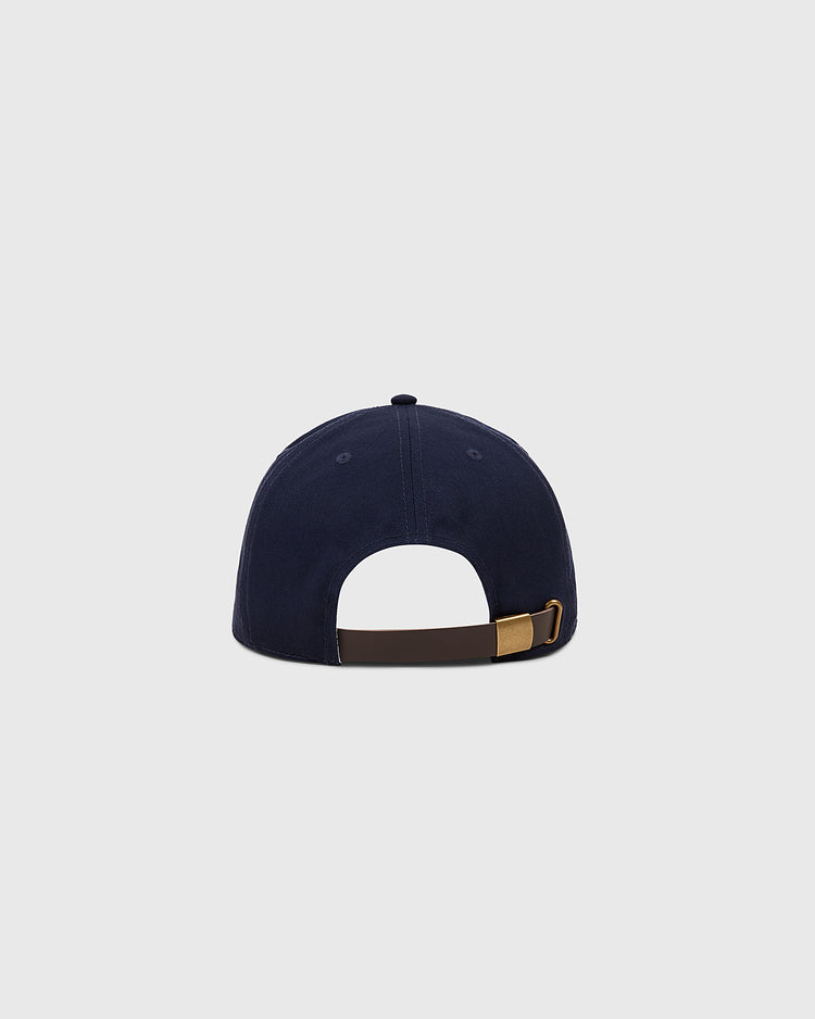 The Mission Bears Cotton Twill Ballcap by Ebbets Field is a navy vintage cap shown from the back, with a brown adjustable strap and gold buckle, set against a light gray background—ideal for Bay Area baseball history fans.