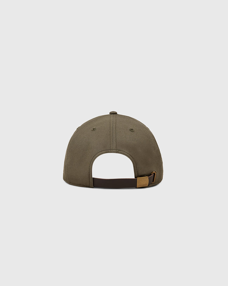 The Tabasco Plataneros Cotton Twill Ballcap by Ebbets Field, in khaki green, is shown from the back with a dark brown adjustable strap and brass buckle, set against a plain light gray background.