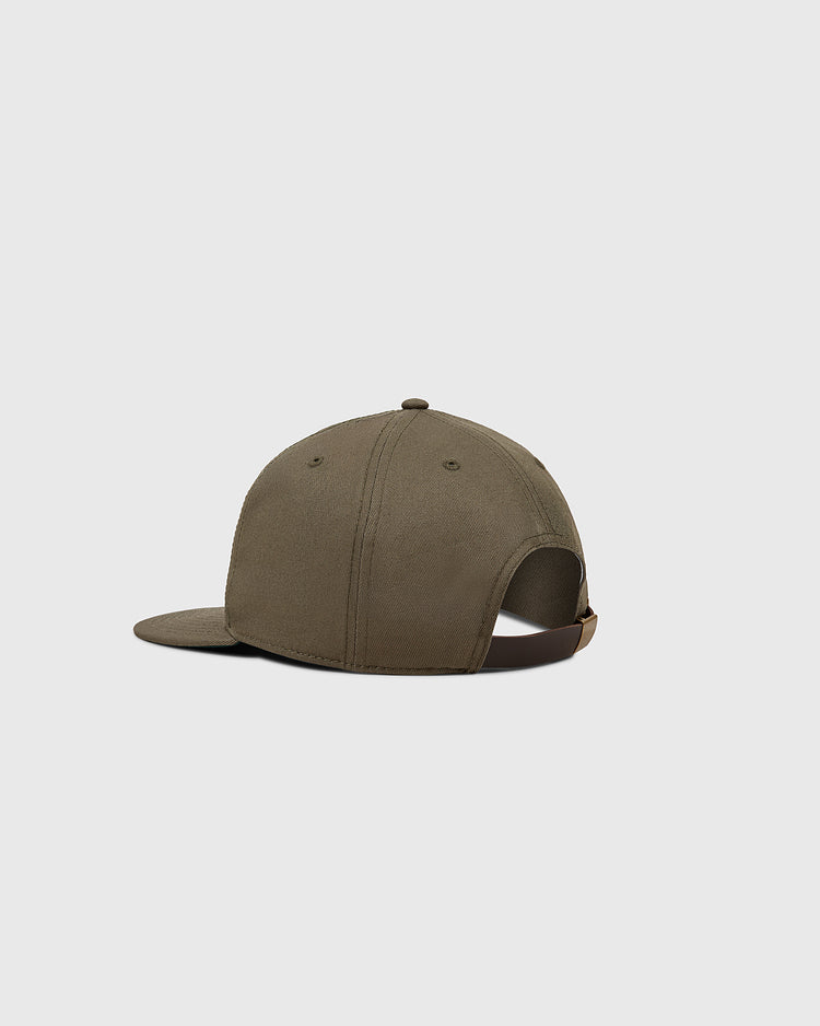 The Tabasco Plataneros Cotton Twill Ballcap by Ebbets Field is displayed from the back on a light gray background, showing its khaki green color, brown adjustable strap, and curved brim.