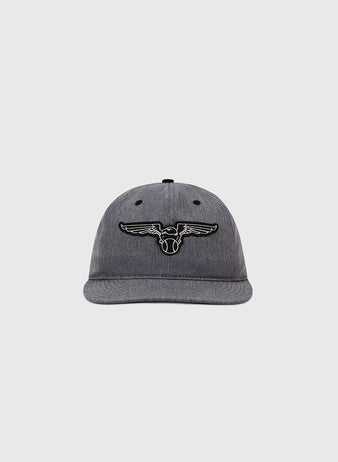 The Ebbets Field Newark Eagles Cotton Twill Ballcap features a grey design with a black and white winged bull's head inspired by the Negro Leagues, displayed on a plain light background.