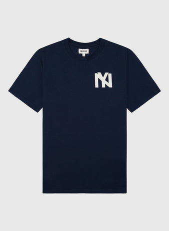 The Ebbets Field Brooklyn Eagles Logo Short Sleeve Tee Shirt in navy features a bold vintage team logo on the left chest, displayed against a plain light gray background.
