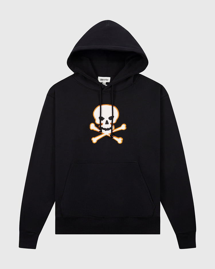 The Ebbets Field Sioux City Ghosts 'Skull and Bones' Heavyweight Cotton Terry Pullover Hoodie features a front pocket, drawstring hood, long sleeves, and a bold white and yellow skull and crossbones chest graphic. Displayed on a light gray background.