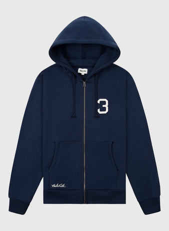 The Ebbets Field Babe Ruth Heavyweight Cotton Terry Full-Zip Hoodie features navy blue fabric, a drawstring hood, front pockets, a white number 3 on the left chest, and small white text near the left pocket.