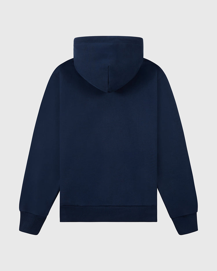 The Ebbets Field Babe Ruth Heavyweight Cotton Terry Full-Zip Hoodie is displayed from the back in plain navy blue with long sleeves, set against a light gray background. The front pocket and full-zip aren't visible from this angle.