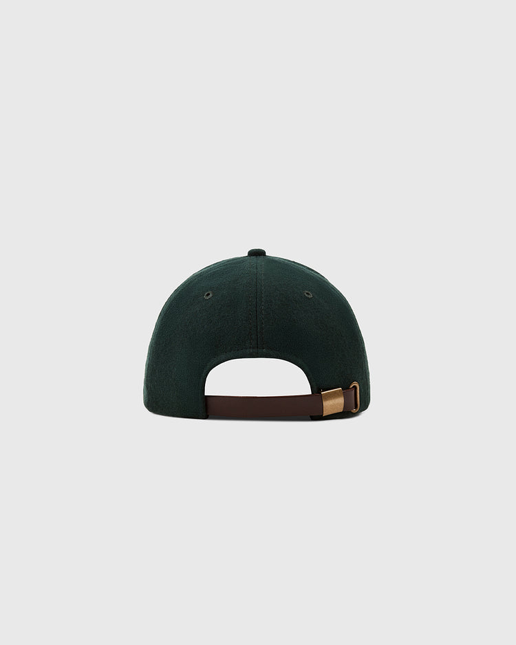 The Ebbets Field Brooklyn Eagles 1935 Wool Ballcap is shown from the back in dark green, featuring a brown adjustable strap with a brass buckle, against a plain light gray background.