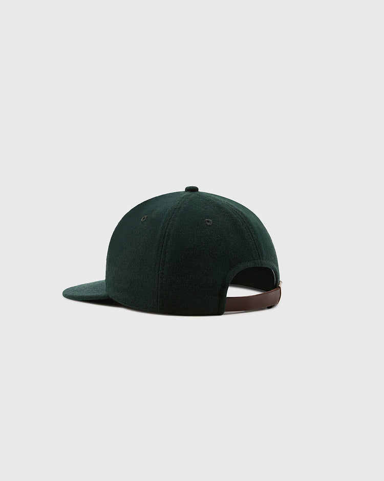 The Ebbets Field Brooklyn Eagles 1935 Wool Ballcap, in dark green, features a curved brim and an adjustable brown strap with metal clasp, shown from the back on a plain light gray background.