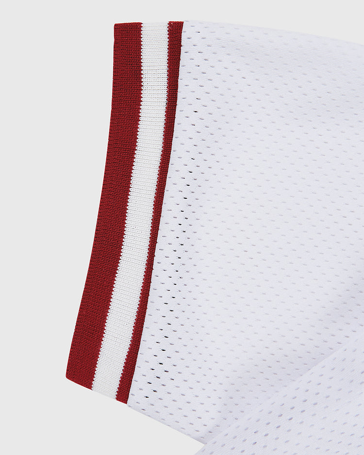 A close-up of the Ebbets Field Harvard Vintage Mesh Football Jersey, featuring a white mesh sleeve with a red and white striped ribbed cuff, evoking classic throwback style.