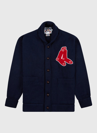 The EFF Boston Red Sox 1924-1960 Wool Shawl Collar Sweater is a navy cardigan with front pockets, a shawl collar, and a large red hanging socks logo patch on the left chest.