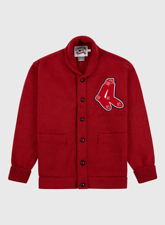The EFF Boston Red Sox 1924-1960 Wool Shawl Collar Sweater features a red button-up design with front pockets, ribbed cuffs, and a large hanging socks logo on the left chest, displayed on a plain light gray background.
