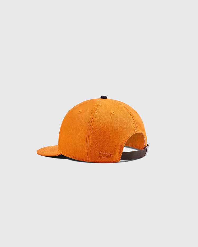 An orange Ebbets Field New York 1939 World's Fair Cotton Twill Ballcap is shown from the back, with a brown adjustable strap and visible stitching, set against a plain light gray background.