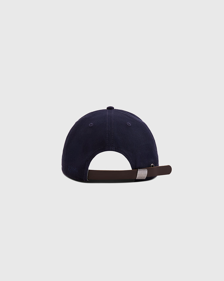 The Ebbets Field New York 1939 World's Fair Cotton Twill Ballcap in navy is shown from the back, featuring an adjustable dark strap with a metal buckle against a plain light gray background.