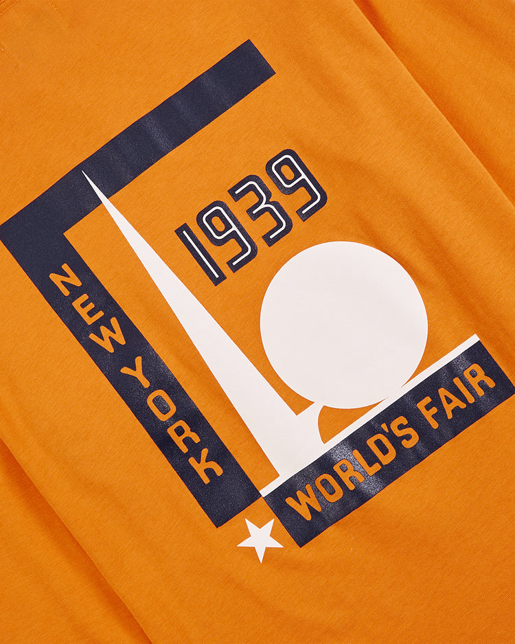 A close up of the Ebbets Field New York 1939 World's Fair Long Sleeve Graphic Tee, featuring vintage-inspired details and standout graphics.
