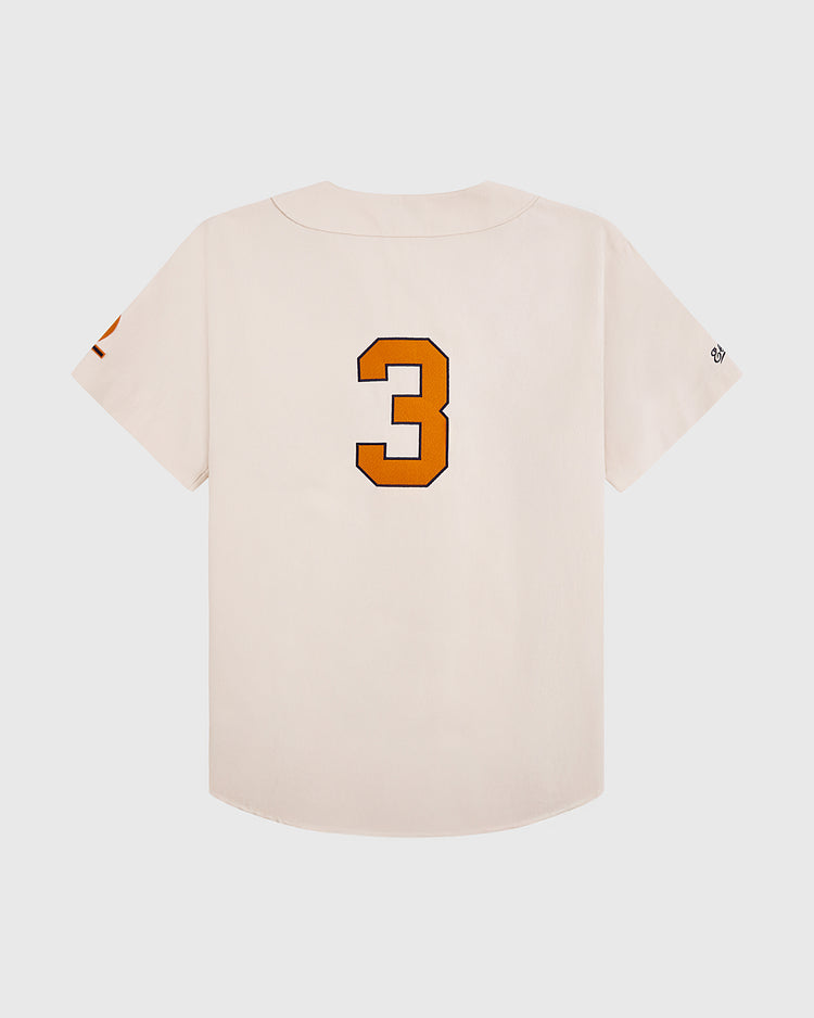 The Ebbets Field New York 1939 World's Fair Cotton Baseball Jersey features a cream color, short sleeves, and an orange number 3 on the back, inspired by vintage styles worn at the historic event.