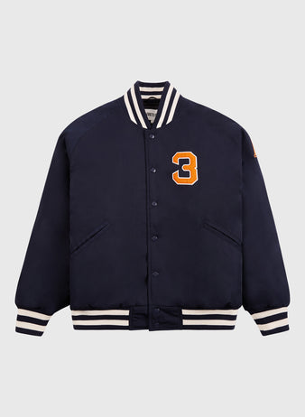 The Ebbets Field New York 1939 World's Fair Satin Varsity Jacket is navy blue with white and navy striped cuffs, collar, waistband, an orange and white number 3 chest patch, and snap button front—Babe Ruth era-inspired.