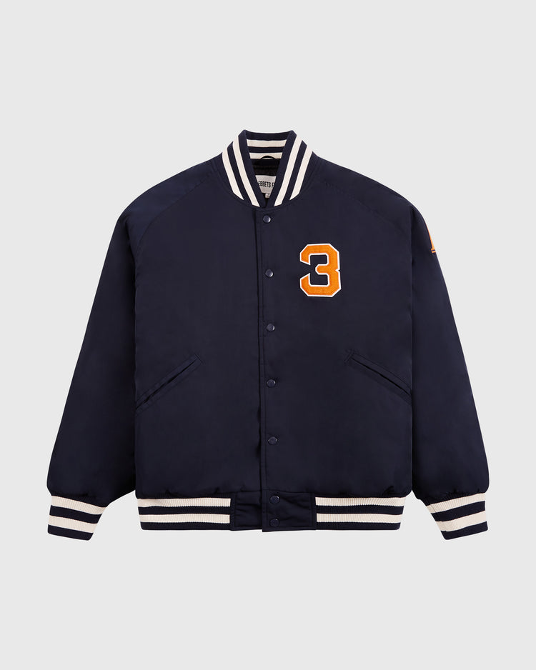 The Ebbets Field New York 1939 World's Fair Satin Varsity Jacket is navy blue with white and navy striped cuffs, collar, waistband, an orange and white number 3 chest patch, and snap button front—Babe Ruth era-inspired.