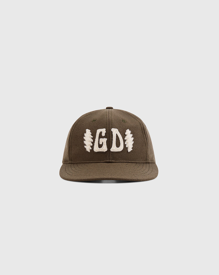 The Ebbets Field Grateful Dead Double Bolt Wool Ballcap is a brown hat with a flat brim, bold white GD embroidery, and two white zigzag bolts on the sides, shown against a plain white background.