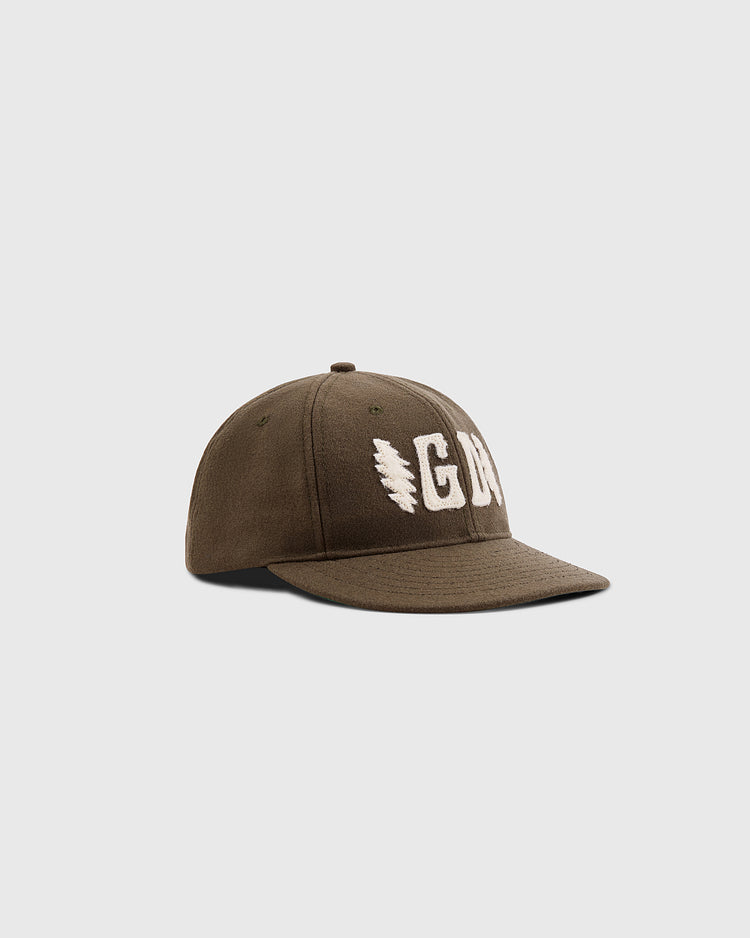 The Ebbets Field Grateful Dead Double Bolt Wool Ballcap is a brown wool hat with a flat brim, bold white 