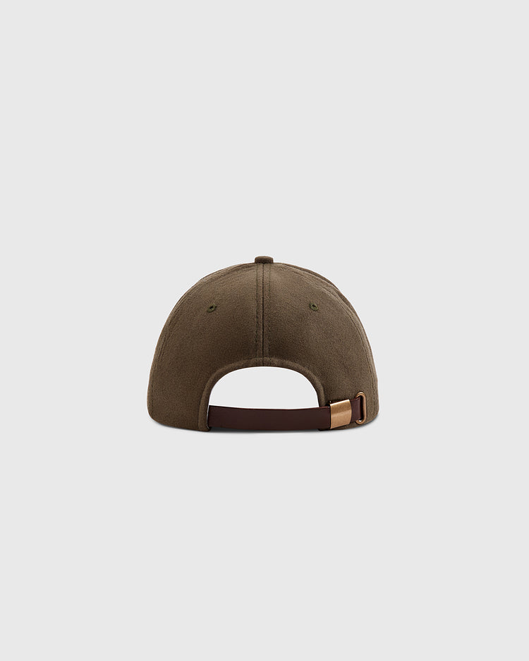 The Grateful Dead Double Bolt Wool Ballcap by Ebbets Field, shown from the back in brown wool broadcloth, features a dark brown adjustable strap with a gold buckle against a plain light gray background.