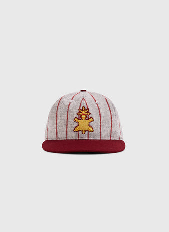 The Ebbets Field Mystery Caps of Mexico – Heroico Colegio Militar Authentic Wool Ballcap features gray wool with thin red stripes, a maroon brim, and a gold and maroon embroidered mascot, inspired by Mexican baseball history.