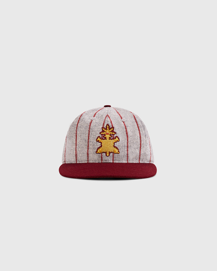 The Ebbets Field Mystery Caps of Mexico – Heroico Colegio Militar Authentic Wool Ballcap features gray wool with thin red stripes, a maroon brim, and a gold and maroon embroidered mascot, inspired by Mexican baseball history.