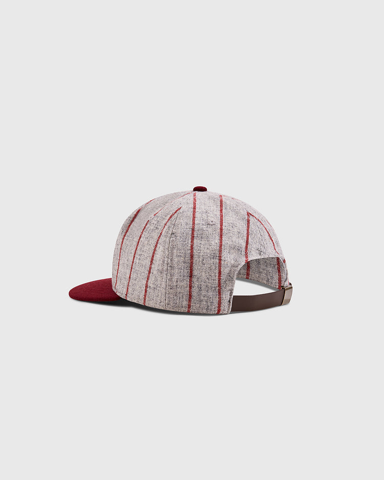 The Ebbets Field Mystery Caps of Mexico – Heroico Colegio Militar Authentic Wool Ballcap, featuring gray wool with red stripes, a maroon brim, and brown adjustable strap, is shown on a plain light gray background.