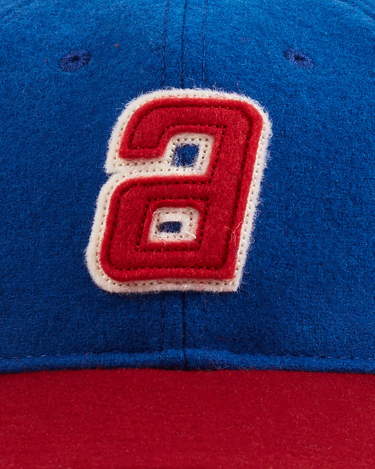 A close-up of the Ebbets Field Sankei Atoms 1966 Vintage Inspired Wool Ballcap in blue, featuring a bold red and white “a” patch on the front and a red brim—ideal for vintage baseball or Astro Boy collectors.