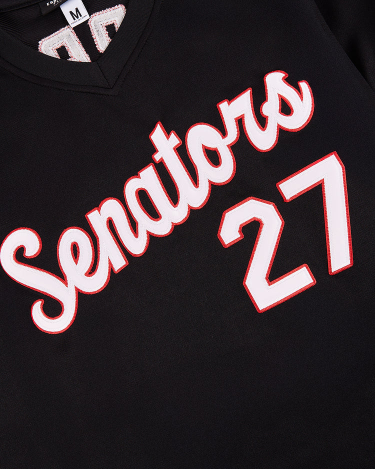 The EFF Harrisburg Senators EFF MiLB Vintage V-Neck Baseball Jersey features “Senators” in white and red script, number 27 below, a black finish, and a size M collar tag—honoring the Eastern League’s baseball heritage.