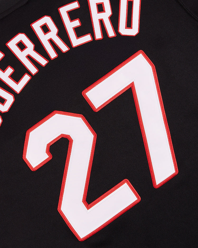 Close-up of the EFF Harrisburg Senators EFF MiLB Vintage V-Neck Baseball Jersey, featuring GUERRERO in white and red lettering and bold number 27 on a black Eastern League-inspired design.