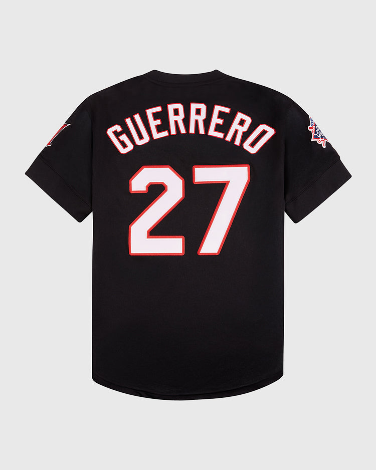 A black Harrisburg Senators EFF MiLB Vintage V-Neck Baseball Jersey by EFF, with GUERRERO and number 27 in white with red trim on the back, patches on both sleeves, and a plain light gray background.