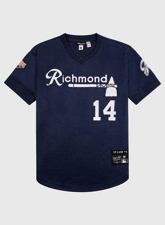 The Ebbets Field Tom Glavine Richmond Braves V-Neck Jersey features navy blue fabric, 