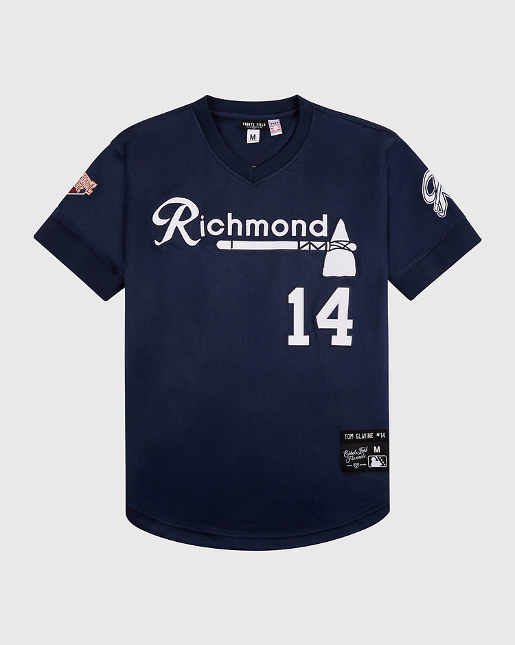 The Ebbets Field Tom Glavine Richmond Braves V-Neck Jersey features navy blue fabric, 