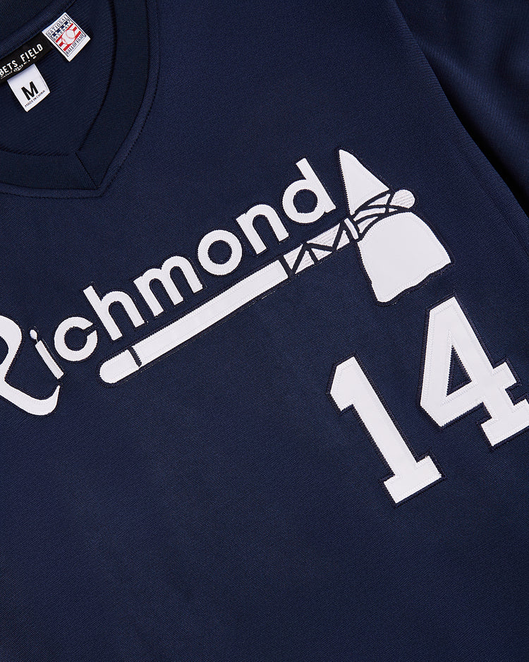 The Ebbets Field Tom Glavine Richmond Braves V-Neck Jersey features a navy design with 