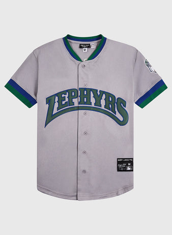 The Barry Larkin Denver Zephyrs Button Up Jersey by Ebbets Field features gray fabric, blue and green trim, bold 