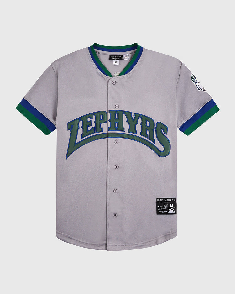 The Barry Larkin Denver Zephyrs Button Up Jersey by Ebbets Field features gray fabric, blue and green trim, bold 