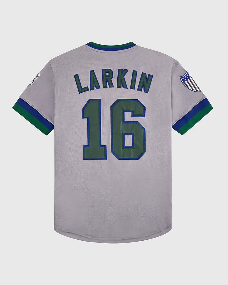 The Ebbets Field Barry Larkin Denver Zephyrs Button Up Jersey is gray with blue and green trim, 