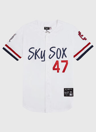 The Ebbets Field Jim Thome Colorado Springs Sky Fox Button Up Jersey features a white design with 