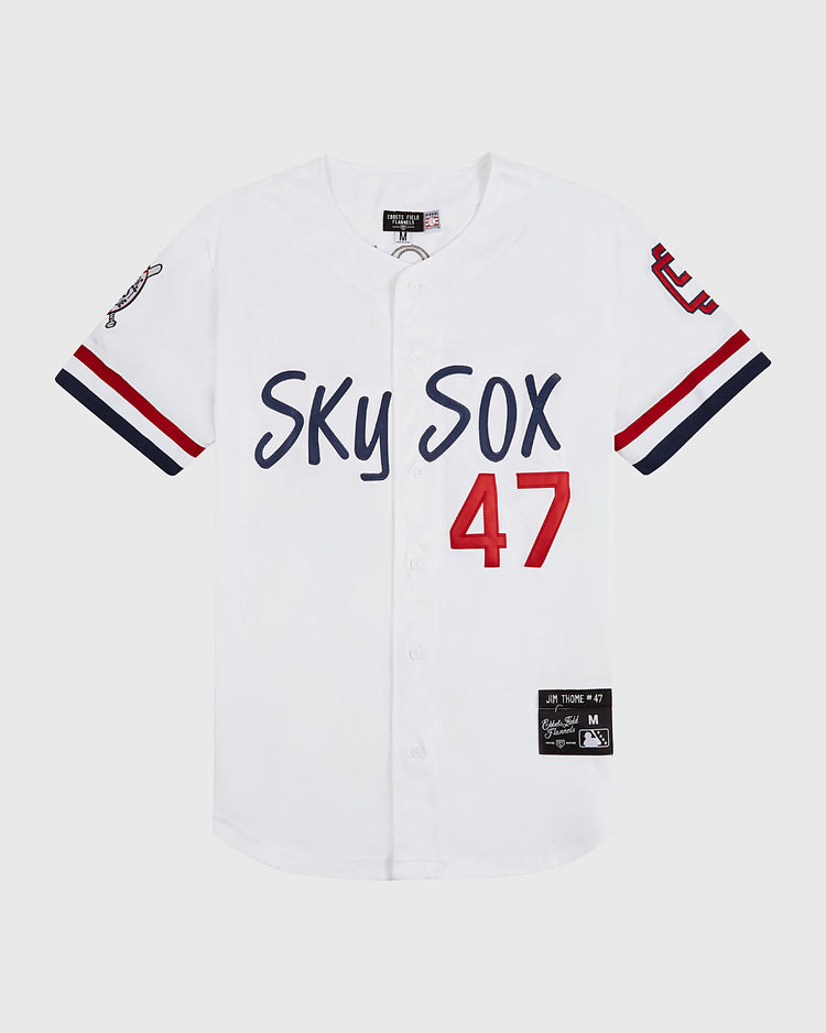 The Ebbets Field Jim Thome Colorado Springs Sky Fox Button Up Jersey features a white design with 