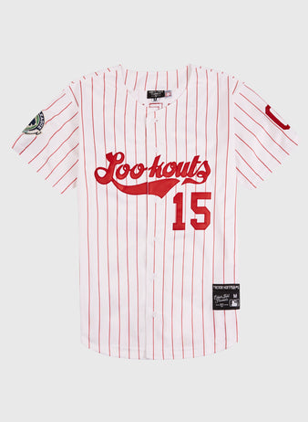 The EFF Chattanooga Lookouts MiLB Button Down Jersey is white with red pinstripes, 