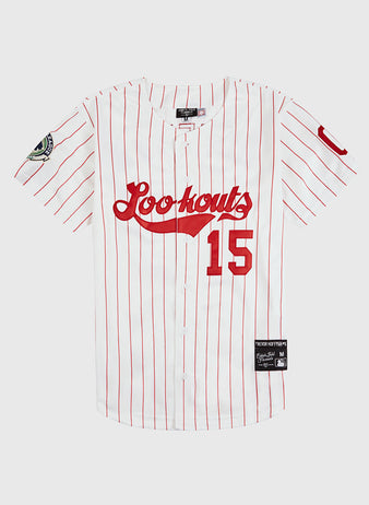The Trevor Hoffman Chattanooga Lookouts Button Up Jersey by EFF features red pinstripes, 