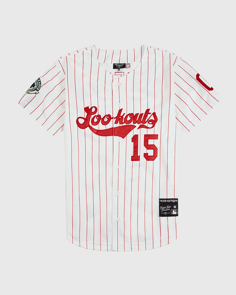 The Trevor Hoffman Chattanooga Lookouts Button Up Jersey by EFF features red pinstripes, 