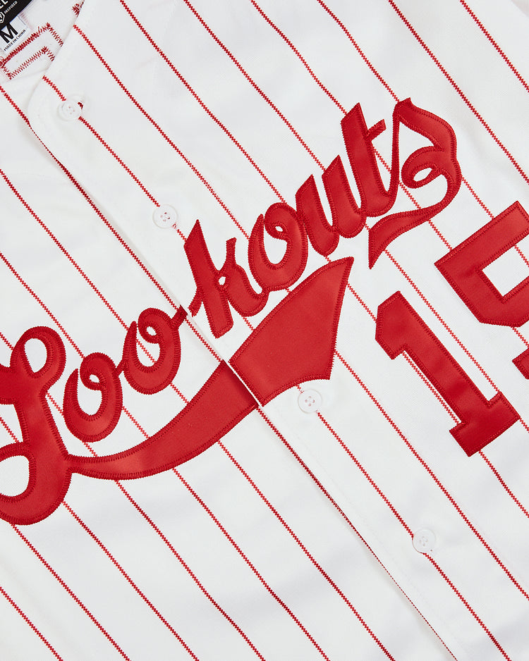 The EFF Trevor Hoffman Chattanooga Lookouts Button Up Jersey is a white pinstriped baseball jersey with red stripes, 