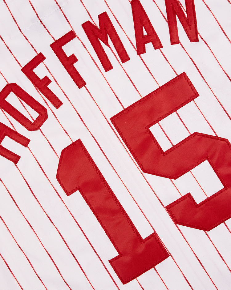 A close-up of the Chattanooga Lookouts EFF MiLB Button Down Jersey by EFF, featuring red pinstripes, 