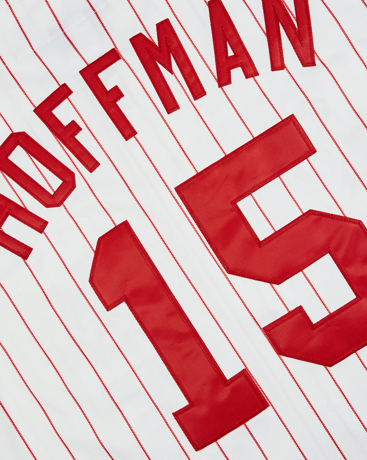 The EFF Trevor Hoffman Chattanooga Lookouts Button Up Jersey is a white jersey with red pinstripes, featuring 