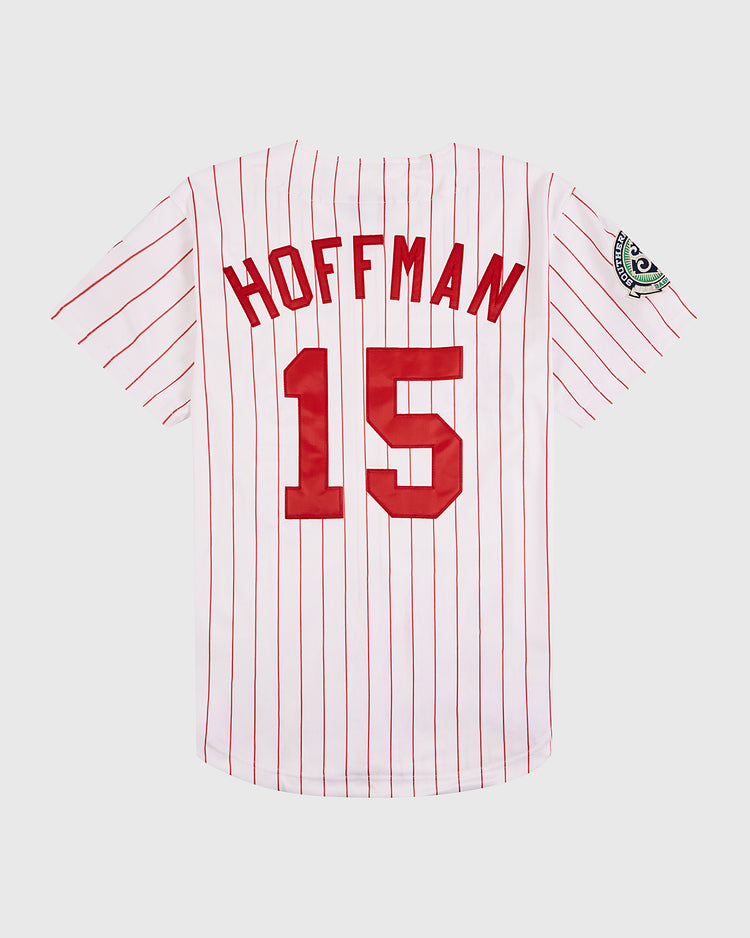 The Chattanooga Lookouts EFF MiLB Button Down Jersey by EFF features red pinstripes, HOFFMAN and 15 in red on the back, plus a green left sleeve patch—a must-have for Trevor Hoffman fans and collectors.