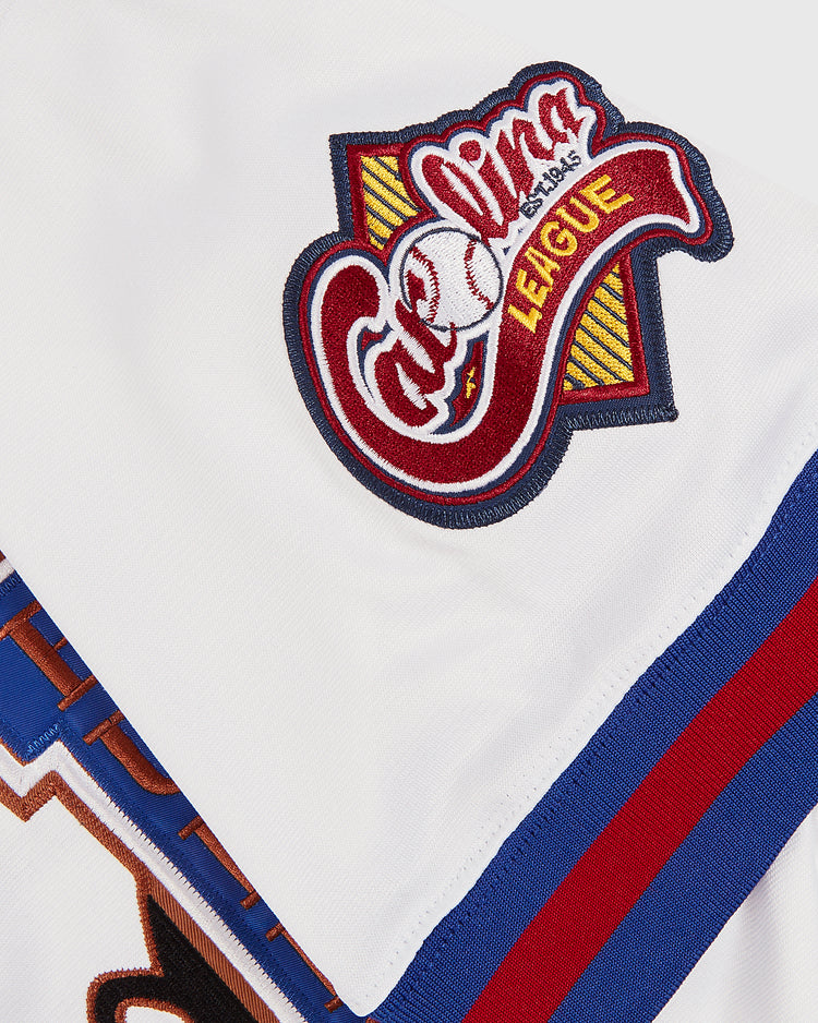 A close-up of a white fabric patch with 