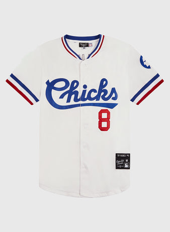 The Ebbets Field Tim Raines Memphis Chicks Button Up Jersey features blue script, a red number 8, red and blue striped trim, and a circular left sleeve patch—a classic minor league look.