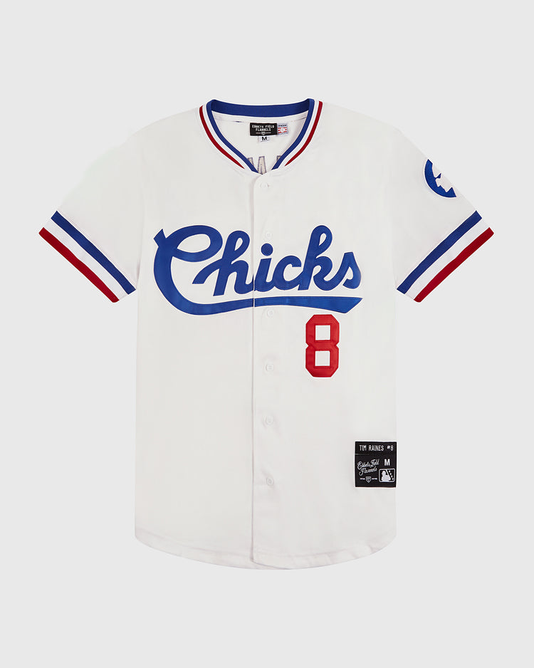 The Ebbets Field Tim Raines Memphis Chicks Button Up Jersey features blue script, a red number 8, red and blue striped trim, and a circular left sleeve patch—a classic minor league look.