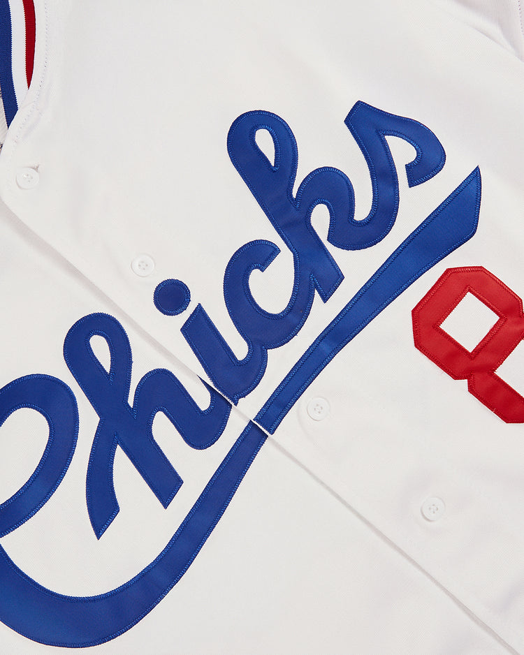 A close-up of the Ebbets Field Tim Raines Memphis Chicks Button Up Jersey, featuring 