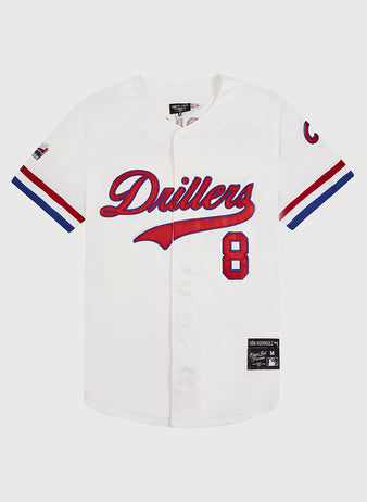 The Ebbets Field Pudge Rodriguez Tulsa Drillers Button Up Jersey features white fabric with red and blue trim, 