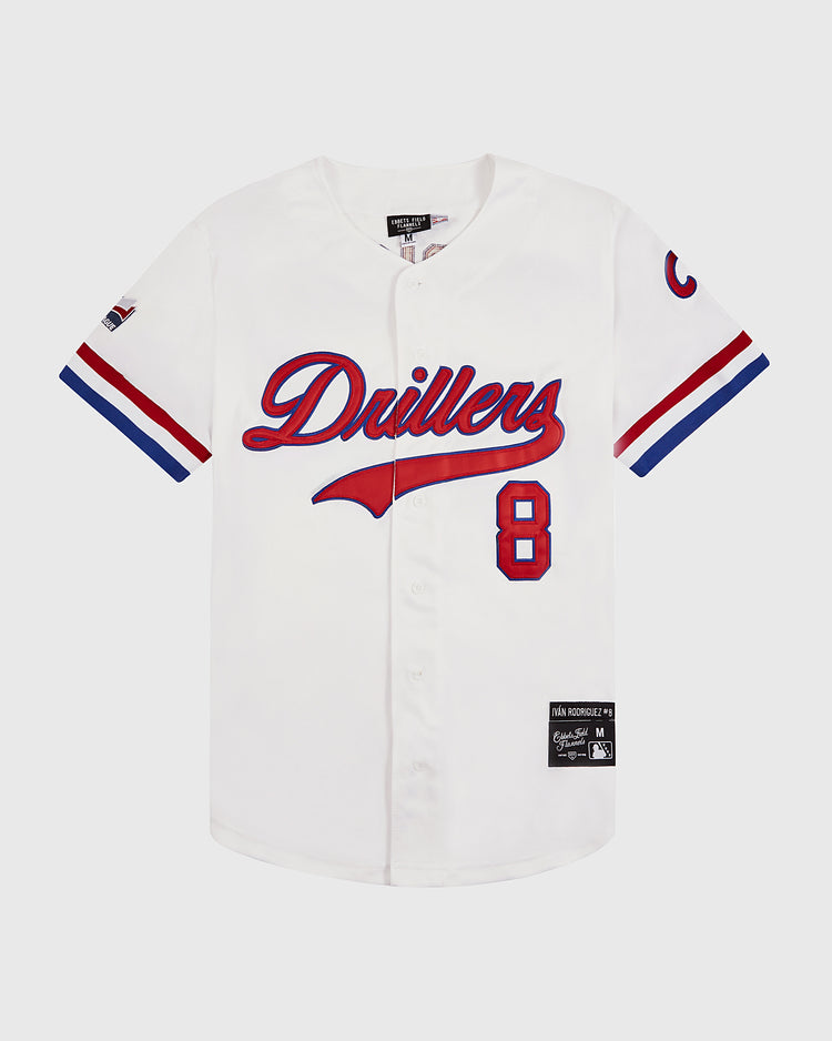 The Ebbets Field Pudge Rodriguez Tulsa Drillers Button Up Jersey features white fabric with red and blue trim, 